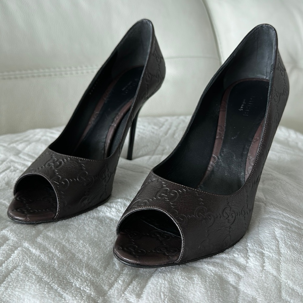 Gucci Chocolate Leather Peep-Toe Stilettos
